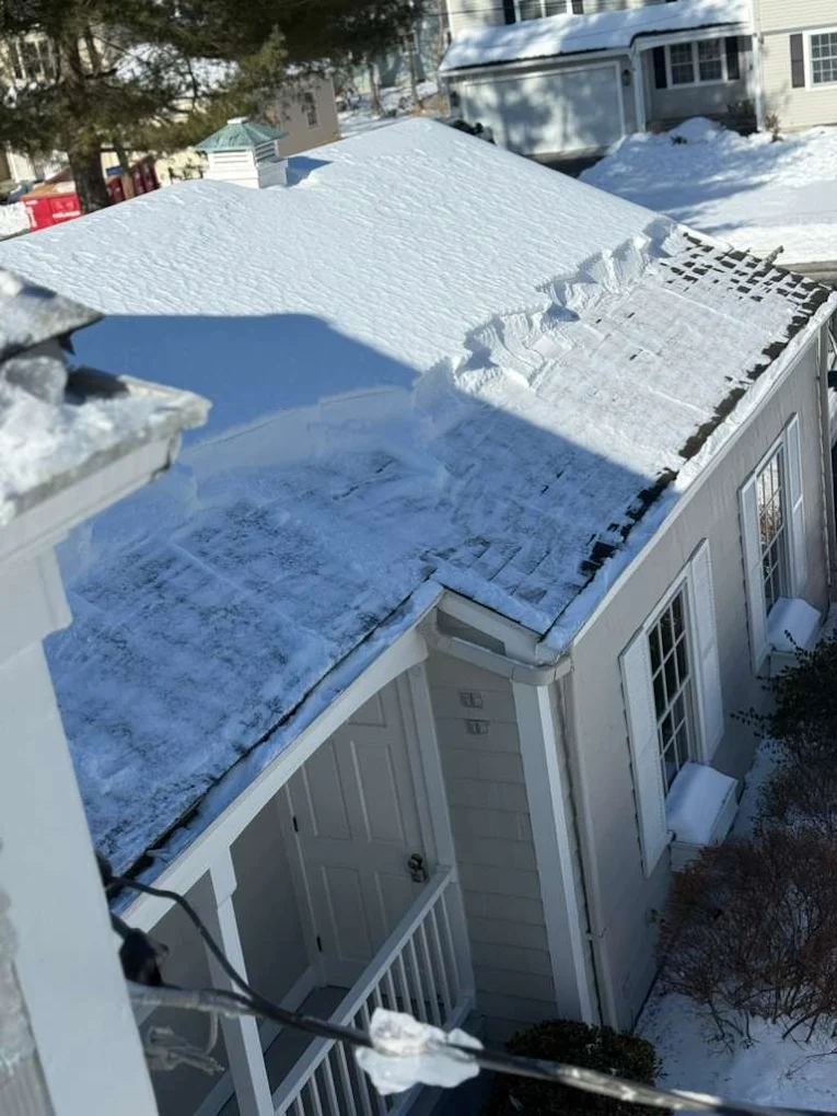 Snow on a roof above a gutter in winter