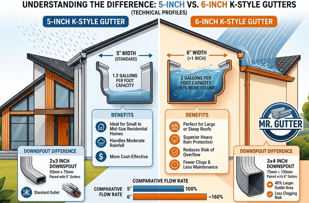 Comparison of 5-inch and 6-inch K-style gutters and downspouts